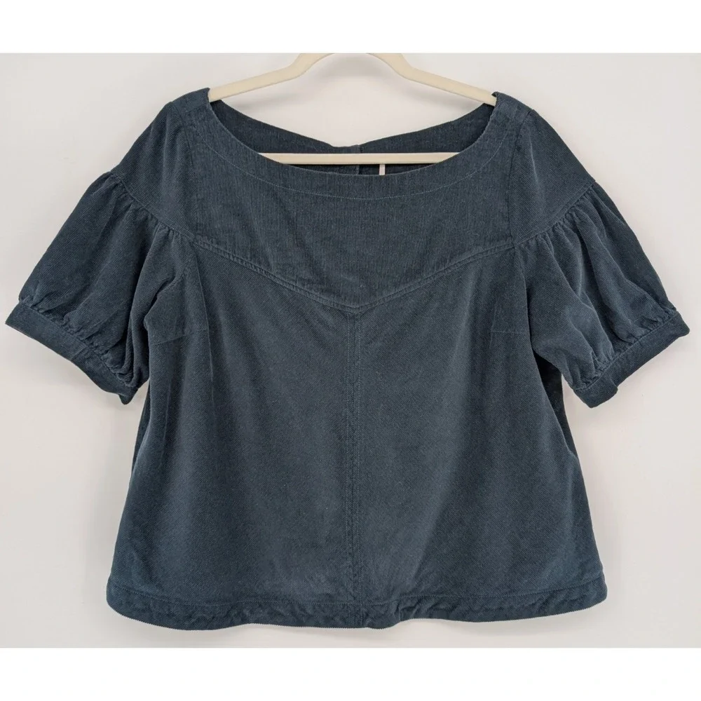 Free People‎ Finewell Corduroy Top Large Navy Boho Peasant Cottage Preppy Twee